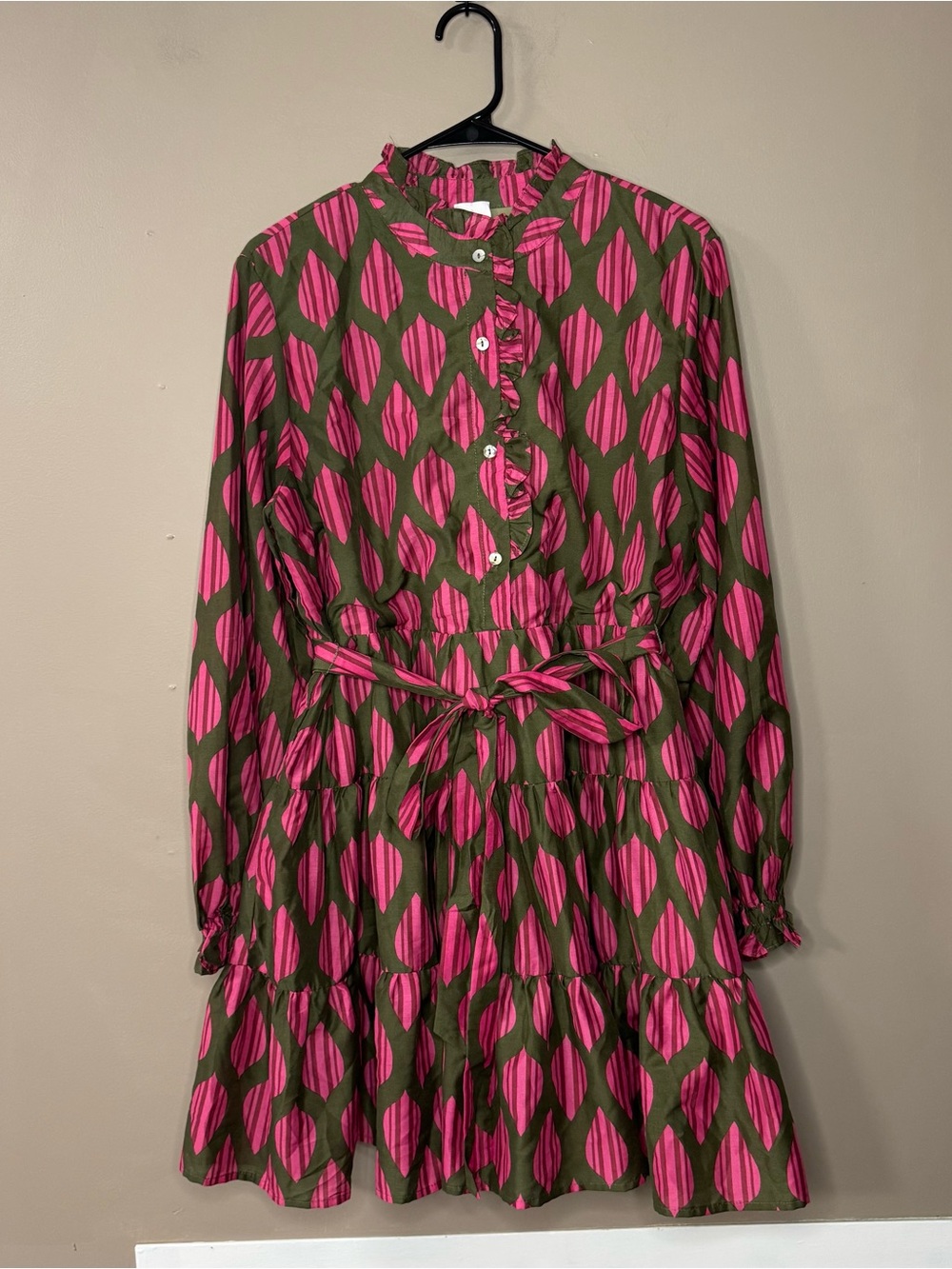 J. Marie Long-Sleeve Pink & Green Tiered Tie-Waist Dress